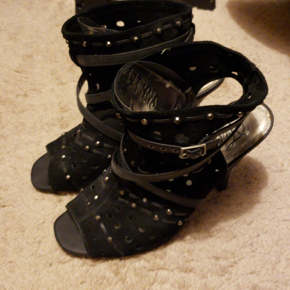 FERGIE black suede open toe studded booties